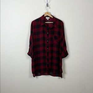 Ava & Viv Sheer Plaid 2/4 Slleve Button Down Red and Black Women 1X Casual Shirt
